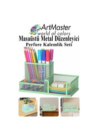 Resim Masaüstü Metal Kalemlik Seti 3 Lü Kombo Açık Yeşil 1 Paket Fileli Perfore Kalemlik Kağıtlık Küpnotluk Düzenleyici Açık Yeşil 
