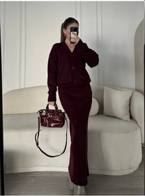 Resim V Yaka 3 Düğmeli Hırka Takım Triko İkili Etekli - Bordo Çok Renkli 