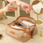 Resim Şeffaf Tasarım ile Büyük Kapasiteli File Kozmetik Çantası - Taşınabilir Seyahat Tuvalet Organizatörü, Bej ve Kahverengi, Makyaj, Cilt Bakımı ve Tuvalet Malzemeleri Depolama için Dayanıklı File Malzeme, Kozmetik Seyahat Çantası, Tuvalet Organizatörü, Zarif Aksesuar, Güvenli Fermuar Kapatma 