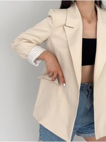 Resim han fashion Kadın Bej Kruvaze Yaka Düğmesiz Cepli Astarlı Blazer Ceket 