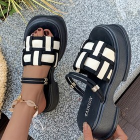 Resim Kadın Moda Platform Kaydırmalı Sandaletler - Açık Burun, Kalın Taban, Kumaş Üst & TPU Taban 