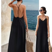 Resim Kadınlar İçin Şık Sırtı Açık İnce Askılı Maksi Elbise - A Kesim Düz Siyah Makinede Yıkanabilir Yazlık, Tatil ve Plaj Kıyafeti, Hafif Kumaş, Tatil Gardırop 