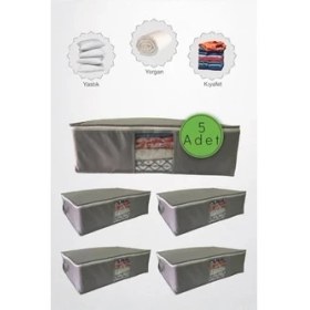 Resim Tekstil 5 Adet Gri Pencereli Kıyafet Saklama Yatak Baza Altı Düzenleyici Çok Amaçlı Hurç 64 x 45 x 22 cm Koyu Gri 44 x 65 