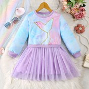 Resim Kızlar İçin Şirin Çok Renkli Deniz Kızı Kuyruğu Yuvarlak Yaka Uzun Kollu File Fırfır Etekli Günlük Elbise, Tatil, Okul Partileri ve Performanslar İçin Uygun | Gradyan Renk Tasarımı 