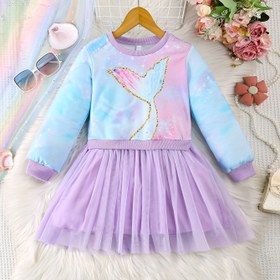 Resim Kızlar İçin Şirin Çok Renkli Deniz Kızı Kuyruğu Yuvarlak Yaka Uzun Kollu File Fırfır Etekli Günlük Elbise, Tatil, Okul Partileri ve Performanslar İçin Uygun | Gradyan Renk Tasarımı 