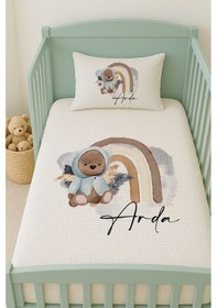 Resim %100 Pamuk İsme Özel İsimli 100x150 Cm Pike Seti Mavi Hırkalı Ayıcık 