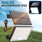 Resim Açık Güneş Işığı, 400 LED Güneşli Dış Mekan Lambası, Hareket Sensörü ile donatılmış, 120° Aydınlatma Açısı, 5.03 metrelik kablo ile Bahçe Güneş Duvar Lambası. 