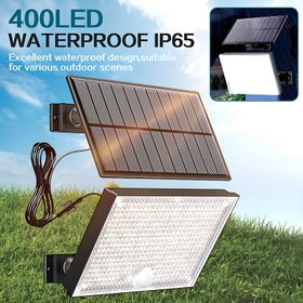 Resim Açık Güneş Işığı, 400 LED Güneşli Dış Mekan Lambası, Hareket Sensörü ile donatılmış, 120° Aydınlatma Açısı, 5.03 metrelik kablo ile Bahçe Güneş Duvar Lambası. 