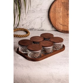 Resim 6'lı Ahşap Kapaklı Cam Kahvaltılık Seti, Çok Amaçlı ve Vakumlu 230 ml 
