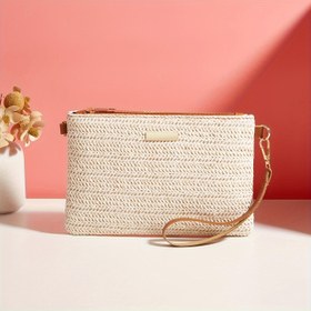 Resim Şık Kadın Hasır Çanta Zincirli - Büyük Kapasiteli, Moda Dokuma Telefon & Bozuk Para Cüzdanı, Fermuarlı Kapatma, Polyester Astarlı - Fildişi 