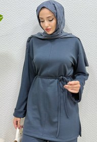 Resim Tesettür Diyarı Modal Kumaş Kuşaklı Tesettür Tunik- Füme Standart (38-44 Uyumlu) 