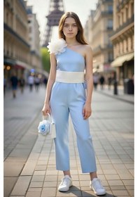 Resim Riccotarz Kız Çocuk Beli Şerit Ve Omuzunda Broş Detaylı Tek Omuz Mavi Tulum Mavi 