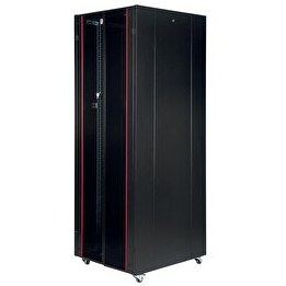 Resim Lande 42U 800x1000 Hyperline Dikili Tip Rack Kabinet Siyah - Ön Cam Kapak Tekerlekli 