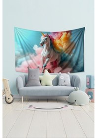 Resim Renkli Unicorn Desenli Duvar Halısı Duvar Örtüsü Çocuk Odası Tapestry Süet Dokulu Kumaş 