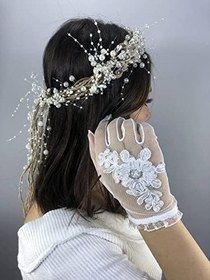 Resim Beyaz Boncuk İşlemeli Eldiven Ve Krem İncili Taç Nikah Takımı 