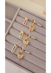 Resim Pembe Taşlı Üçlü Şövalye Çelik Küpe Gold 