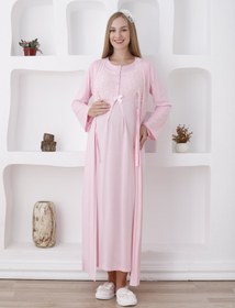 Resim Hamile Sabahlıklı Gecelik Takımı / Düğmeli ve Güpürlü - 2286 - Pembe / L / Terlik ve Taç İstemiyorum 
