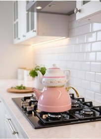 Resim Gold Detaylı Üstü Porselen Altı Emaye İkili Demlik Takımı Pembe 