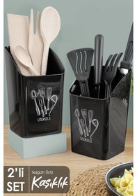 Resim 2'li Tezgah Üstü Kaşıklık - Mutfak Organizer Düzenleyici Kepçelik Kaşık Bıçak Standı Siyah Beyaz - Siyah 