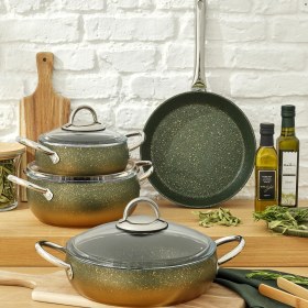 Resim Emsan Milet Granit Yüzeyli Gold Degrade 7 Parça Derin Tencere ve Güveç Seti, Döküm Kaplama, 18-26 cm, Fırına Dayanıklı 