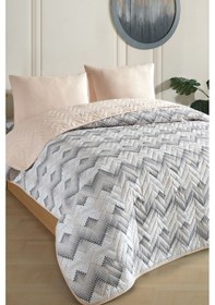 Resim Tek Kişilik Desenli Kapitone Çift Taraflı Renkli Pike Yatak Örtüsü Takımı 160x230 Cm Çarşafsız Bej 