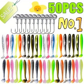 Resim 50 Adet/Kutu Yumuşak Silikon Balıkçılık Yemi Seti | Crank Jig Başlıklı Yapay Solucan ve Kanca | Balıkçılık Aksesuarları 
