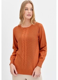 Resim Kadın Sıfır Yaka Önü Saç Örgülü Kazak Turuncu Turuncu 