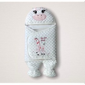 Resim Yenidoğan Zürafa Nakışlı Şapkalı Kız Erkek Bebek Ayaklı Kundak Bebek Battaniyesi Pembe Pembe 