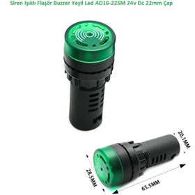 Resim Hatfon Elektronik Siren Işıklı Flaşör Buzzer Yeşil Led AD16-22SM 24v Dc 22mm Çap 