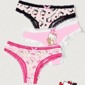 Resim Hellokitty dantel kadın iç çamaşırı, fiyonk desenli, rahat ve şık üç parçalı set 