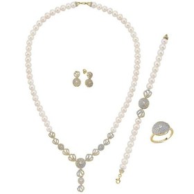 Resim 7,5 Mm Zirkon Taşlı İnci Kolye Bilelik Küpe Yüzük Dörtlü Set 15 / Beyaz Gümüş 