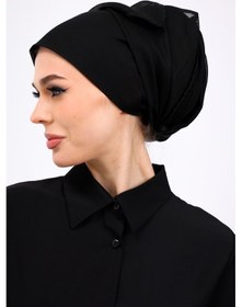 Resim Loggia İç Başörtüsü %100 Pamuklu Siyah Tülbent - Kenarları Oyalı 90x90 Cm Kadın Tesettür Yazma Başörtü Siyah 