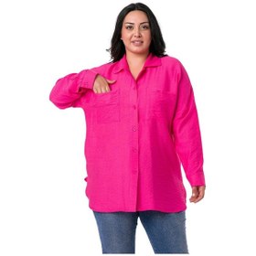 Resim Büyük Beden Torba Cepli Yanları Yırtmaçlı Fuşya Gömlek 
