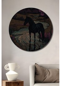 Resim Kara Kalem Görünümlü Soyut At Tablosu Ahşap Dekoratif Tablo Yuvarlak Duvar Tablosu-0449--- 30 X 30 