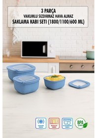 Resim Kare 3 Parça Vakumlu Sızdırmaz Hava Almaz Saklama Kabı Seti Mavi 1800/1100/600 Ml Mavi 