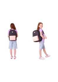 Resim Kaukko Kız Çocuk Çizgi Desenli Üç Gözlü İlkokul Çantası Ve Kalemlik Seti - Siyah Somon Siyah - Somon 
