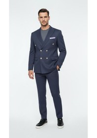 Resim Erkek Kruvaze Gold Düğmeli Dokulu Likralı Kumaş Blazer Ceket Modern Kesim Şık Tasarım Lacivert 