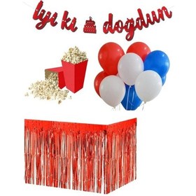Resim Kırmızı 20 Adet Balon Banner Mısır Kutusu Masa Eteği Doğum Günü 