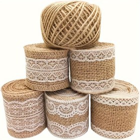 Resim 6 Paket Çuval Şerit Dantel Ruloları 30 Yard Jüt İpi ile, Her Biri 1 Metre, Düğün Dekorasyonu DIY El Sanatları Çiçek Düzenlemeleri Ev Dekorasyonu için Çuval Çuval 