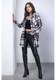 Resim Mamayaga Kadın Desen Bloklu Oduncu Oversize Geniş Kalıp Casual Cepli Kapüşonlu Uzun Boy Ceket Gömlek Pembe 
