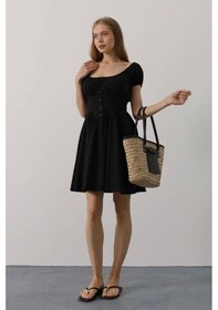 Resim Beli Korseli Mini Elbise - Siyah Siyah 