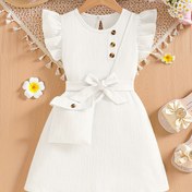 Resim Kızlar için Şık Yeşil Fırfırlı Kollu Elbise, Yay Detayı ve Düğme Ayrıntıları ile - Yuvarlak Yaka, Esnemez Polyester, Makinede Yıkanabilir - Yaz Partileri ve Günlük Geziler için Mükemmel, Kızlar Uzun Kollu Elbiseler 
