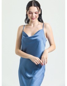 Resim Magic Form 9790 Degaje Yaka Krep Saten Uzun Gecelik-mavi Mavi 