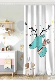 Resim RealHomes Tek Kanat Beyaz Zeminde Mavi Geyik Çizimli Bebek Odası Fon Perde 