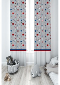 Resim Mekta Home Bebek Ve Çocuk Odası Mavi Kırmızı Yıldız Desenli 2 Kanat Fon Perde 