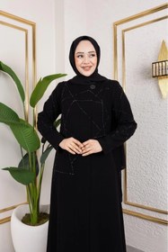 Resim Butik Siyah Petek Krep Kumaş Taş Detaylı Fermuarlı Ferace Modelimiz 