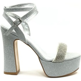 Resim Feles 13 Cm Yüksek Platform Tek Bant Topuklu Taşlı Kadın Abiye Ayakkabı Gümüş 