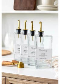 Resim Cam Yağdanlık 500 Ml Sızdırmaz Tıpalı Kapak, Mutfak Yağdanlık, Etiketli Zeytinyağı Ve Sirke Şişesi Gold 
