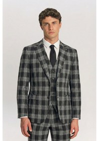 Resim Sabri Özel Giotelli Erkek Siyah Dar Kesim Slim Fit Viskon Dokuma Ekose Normal Bel 8 Drop Yelekli Takım Elbise 