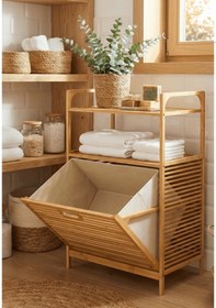 Resim Bambu Kirli Sepetli 2 Raflı Çok Amaçlı Banyo Düzenleyici Çamaşır Sepeti Organizer 64 40 95cm Bej 